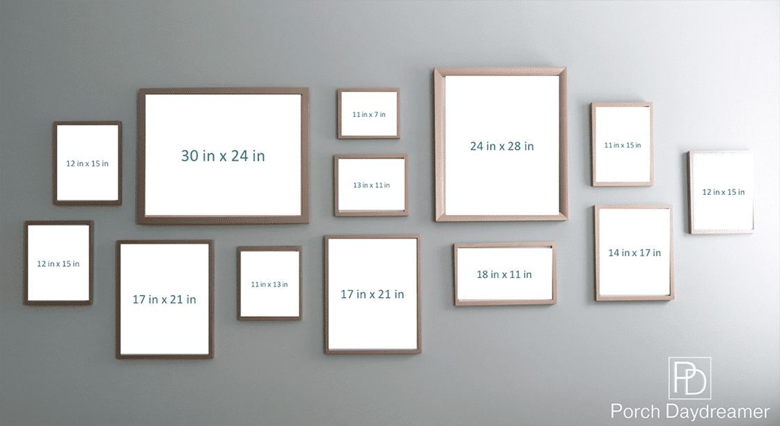 Gallery Wall Layout with Sizes of Frames Included