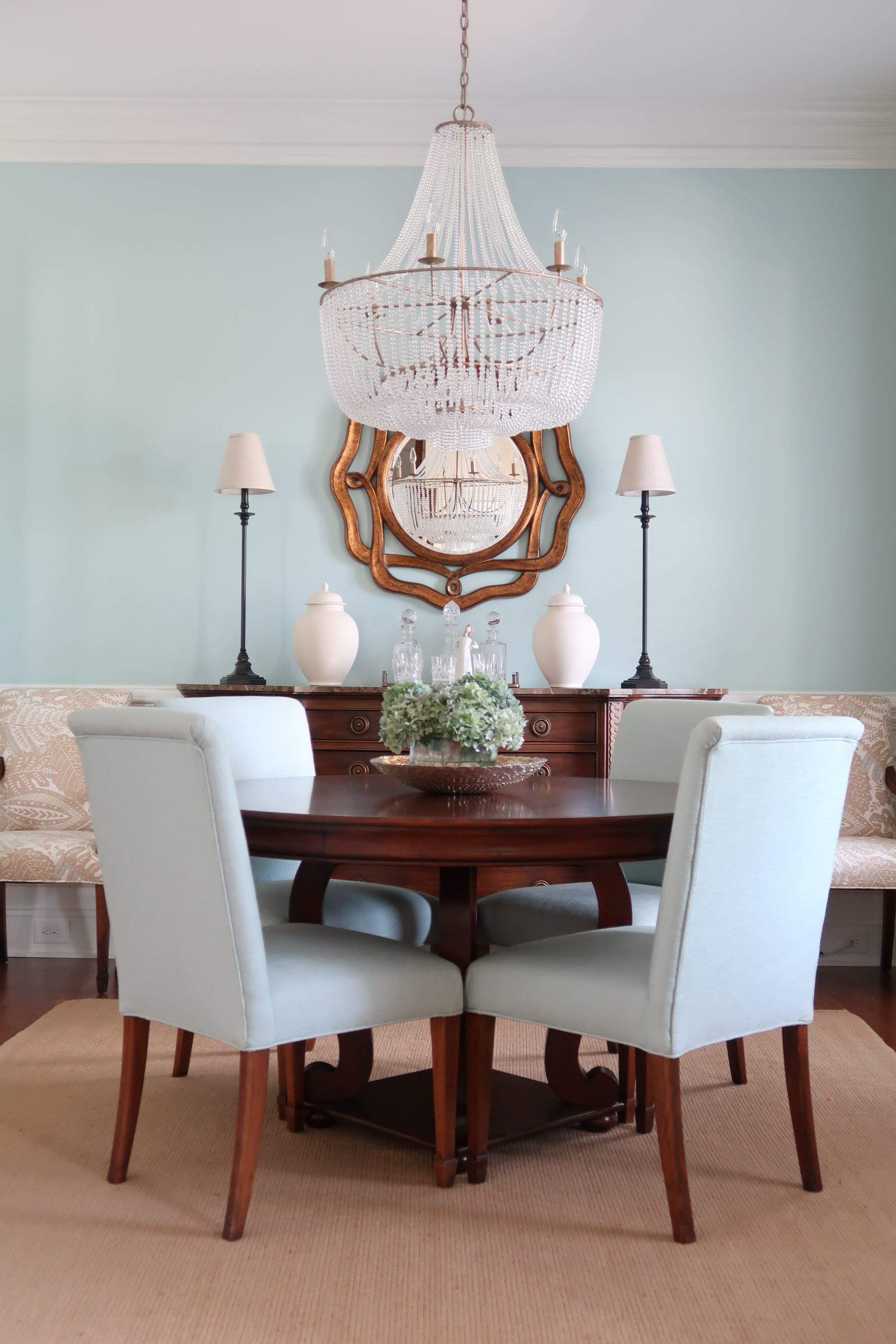 Blue Dining Room and Empire Chandelier with Round Table