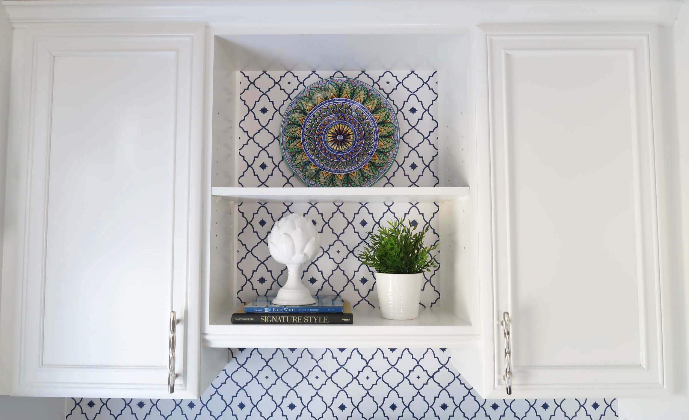 UpperWhite Cabinets+Moroccan Wallpaper+Polished Nickel Hardware+Porch Daydreamer