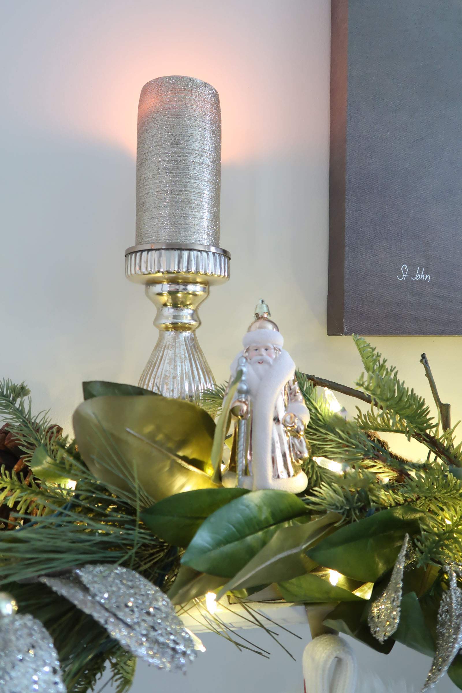 Santa Ornament and Gold Candle Porch Daydreamer