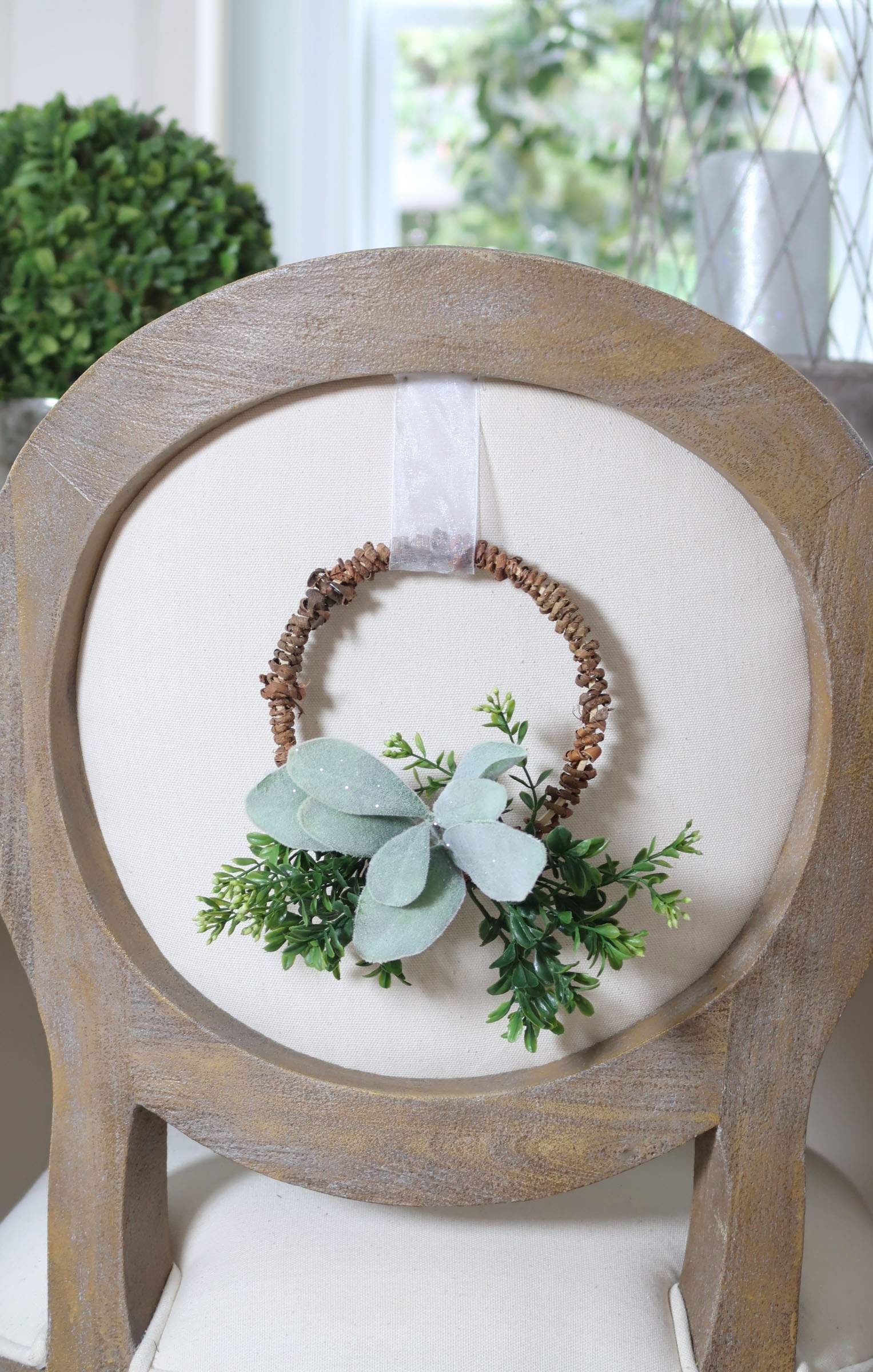 Chair Back with Pins_Lambs Ear Wreath_Porch Daydreamer