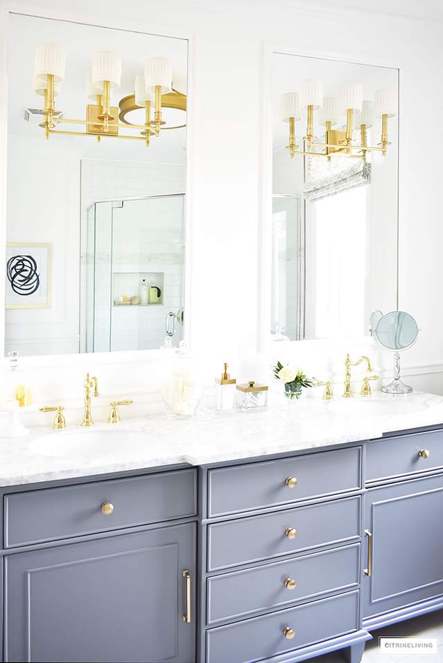 white-bathroom-grey-vanity-brass-lighting-and-hardware