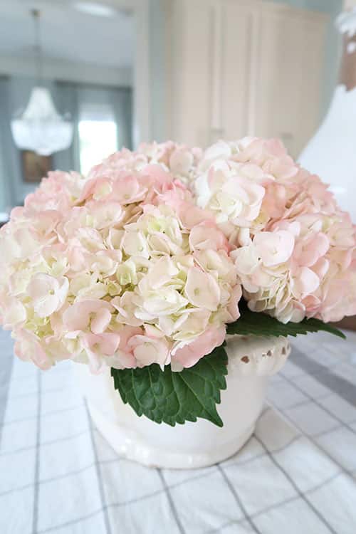 use pink hydrangea flowers with leaves at the end for visual interest