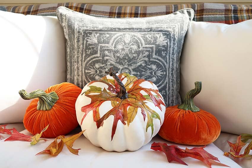 white pumpkin decoupage with fall leaves sitting on white sofa two orange pumpkins fall leaves