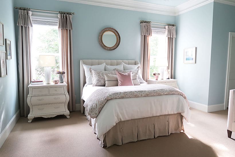 Blush Gray Fall Master Bedroom Update with Pale Blue Walls