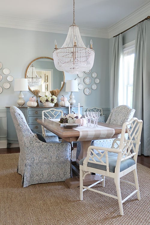 blue dining room ready to set a fall table