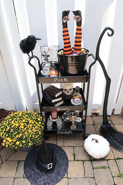 pick your poison bar cart with mum witch hat white pumpkin broom