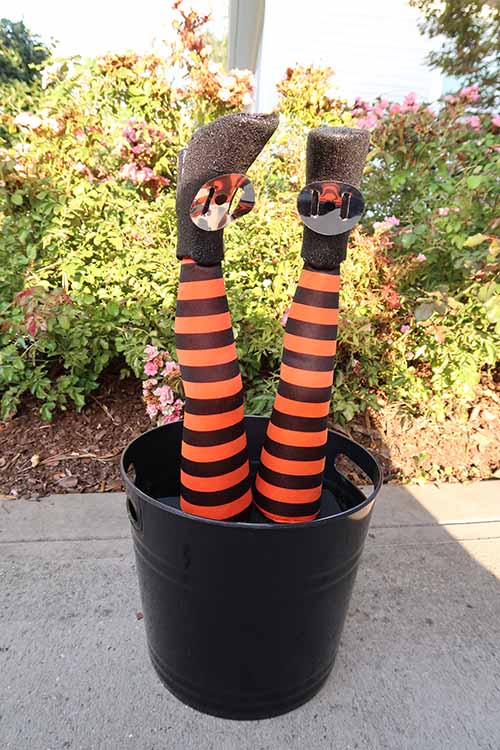 upside down black and orange witch legs in black trick or treat bucket