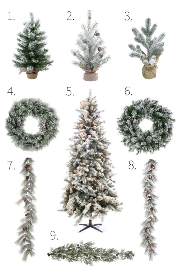 Flocked-and-Frosted-affordable-garland-christmas-tree-and-mini-trees