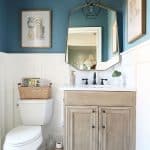 Modern-Coastal-Powder-Room-in-Behr-Blueprint-with-Seadrift-Pottery-Barn-Finish-vanity