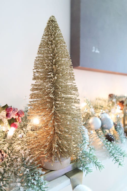 gold-bottle-brush-tree-christmas-mantel