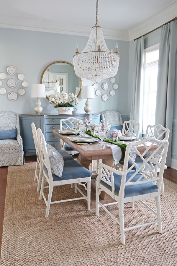 Dining-room-blue-wall-white-chippendale-chairs-trestle-table-pastel-spring-table