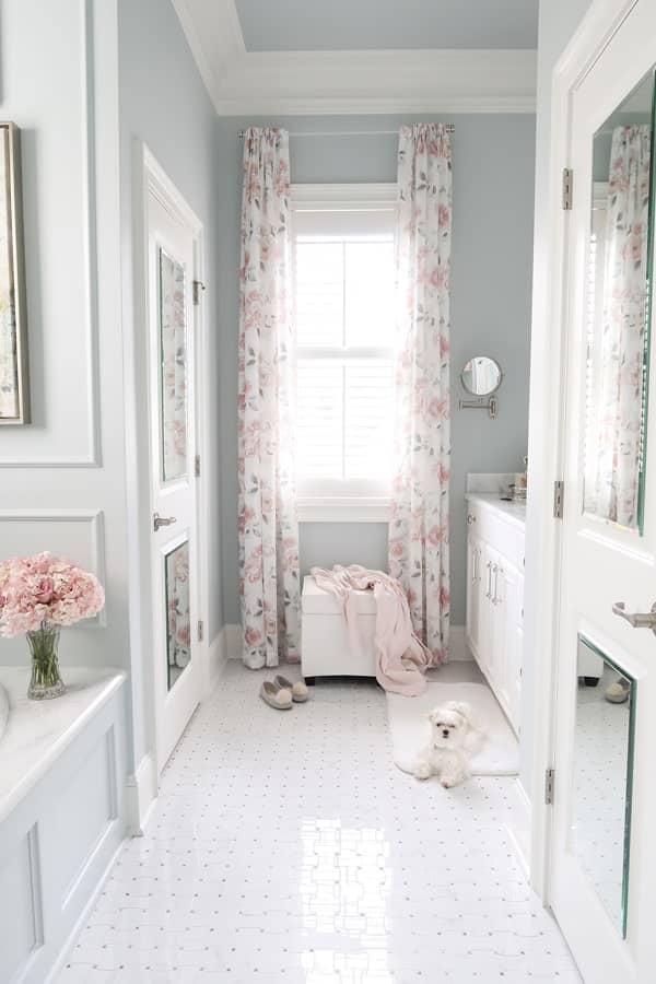 Red and Blue Vintage Rug in Front of French Dual Bath Vanity - Transitional  - Bathroom