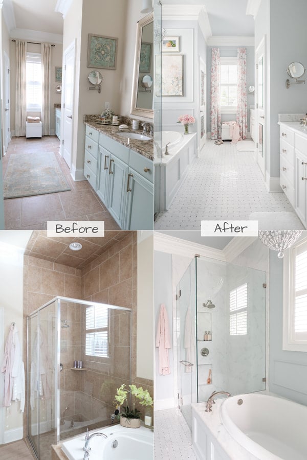 master-bathroom-remodel-before-and-after-small-bathroom-two-vanities-drop-in-tub-frameless-shower-benjamin-moore-wales-gray