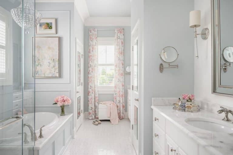 master-bathroom-remodel-bejamin-moore-wales-gray-decorators-white-shadow-storm-marble-mosaic-floor-drop-in-tub-floral-curtains-porch-daydreamer
