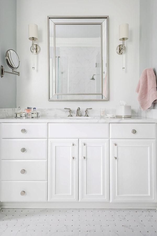 vanity-and-wall-painted-benjamin-moore-decorator's-white-polished-nickel-hardware-mirror-two-sconces-shadow-storm-marble-porch-daydreamer