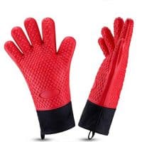 Oven Gloves, Heat Resistant Cooking Gloves Silicone Grilling Gloves Long Waterproof BBQ Kitchen Oven Mitts with Inner Cotton Layer for Barbecue, Cooking, Baking (Red)