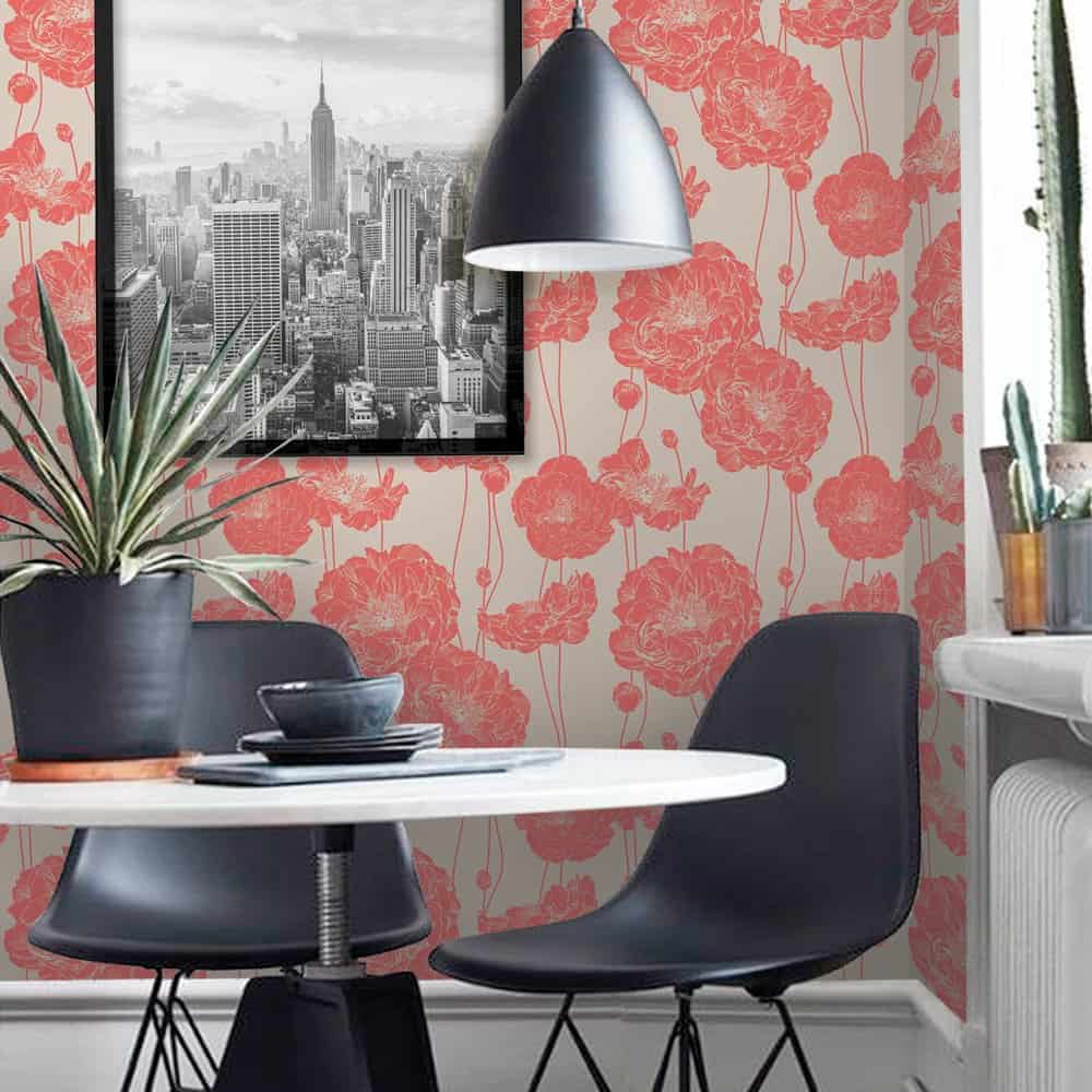 temporary wallpaper Coral Peonies in Modern Setting