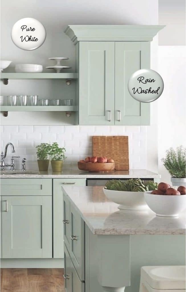 Pale green kitchen cabinets_rainwashed and Pure white_o