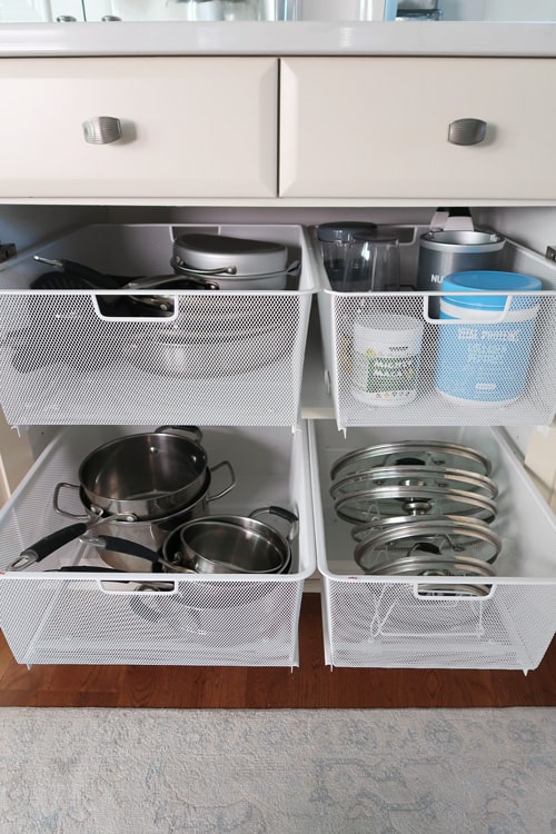 organize-elfa-mesh-cabinet-pull-out-drawers-with-kitchen-pots-and-pans