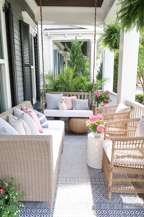 maltese-swing-blue-white-rug-target-chairs-small-front-porch