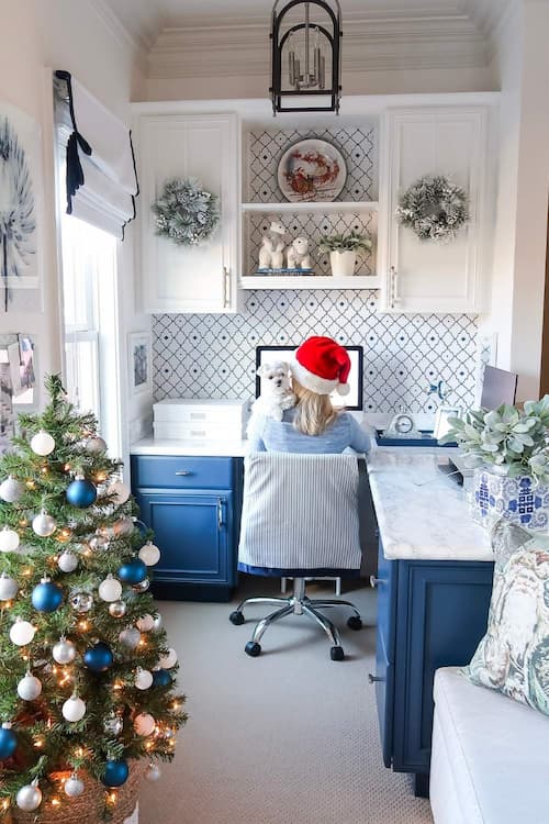 christmas-office-decor-blue-white-woman-dog