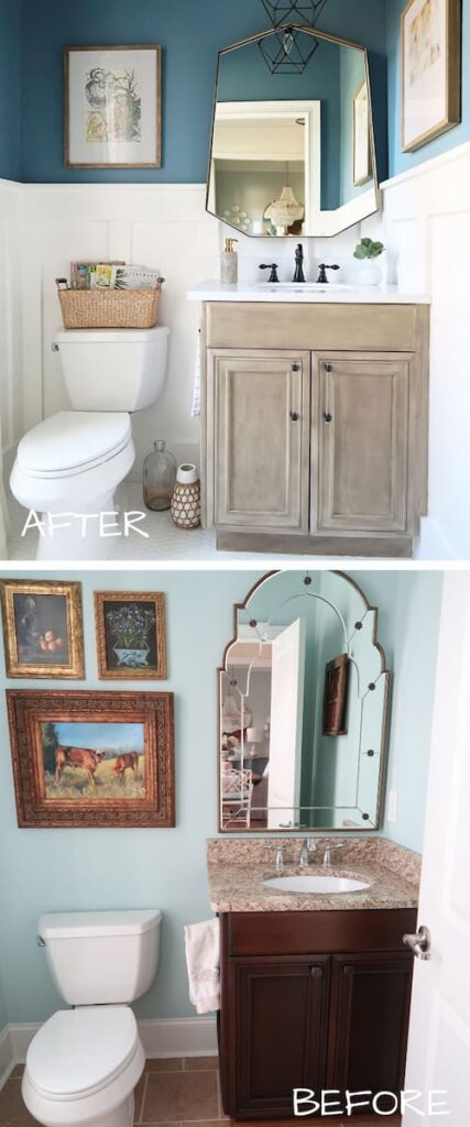 before-after-painted-stained-powder-room-cabinets-porch-daydreamer