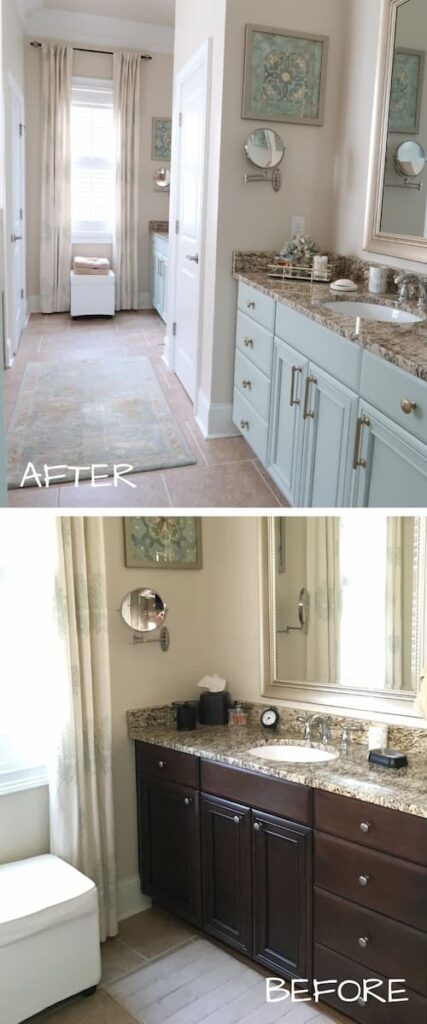 before-after-painted-stained-primary-bathroom-cabinets-porch-daydreamer