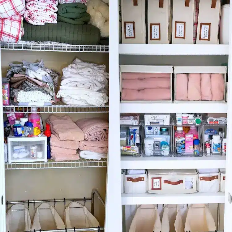 organizing-linen-closet-before-after-maximize-storage-small-bathroom-closet